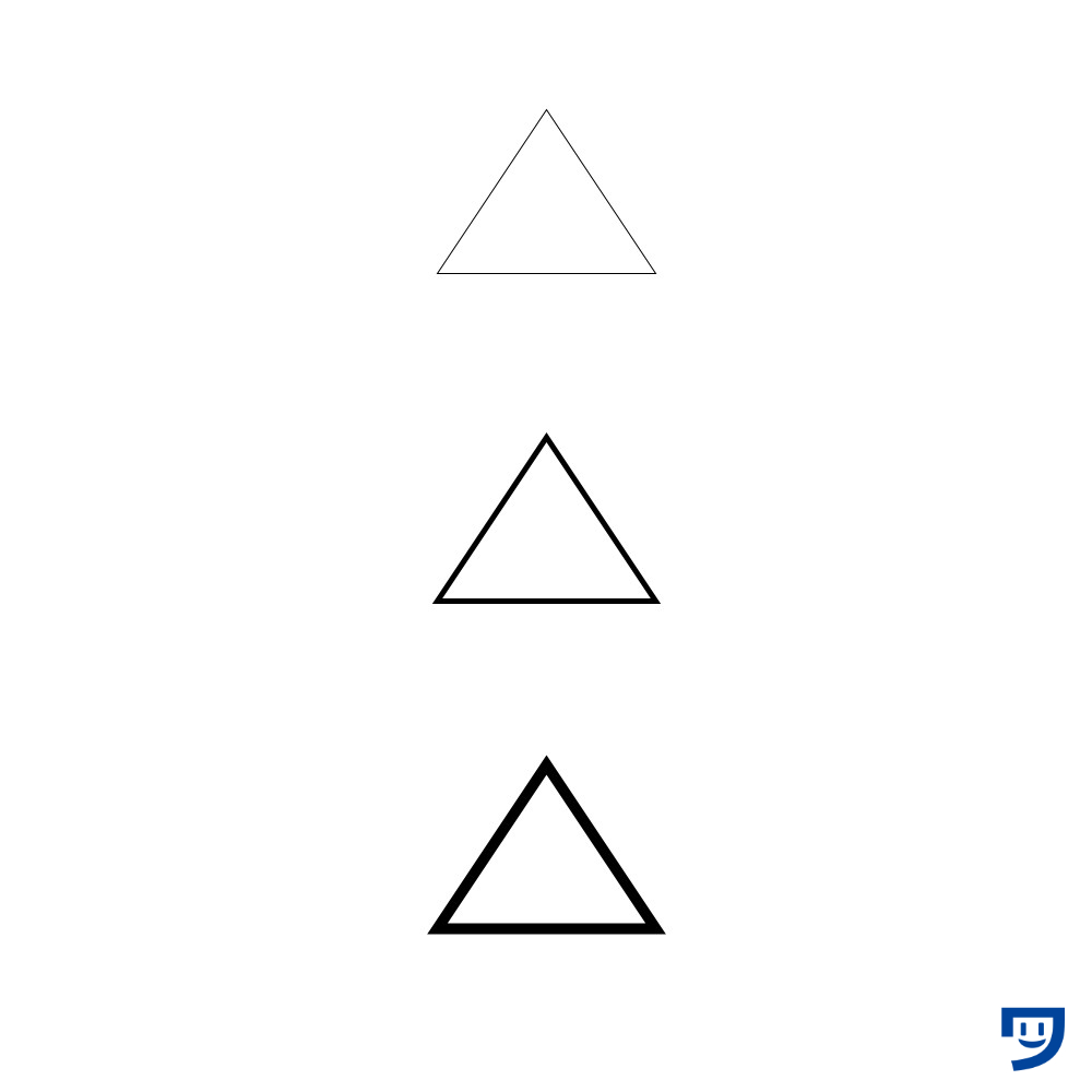 Processingの三角形の輪郭線の太さの違い3種類。