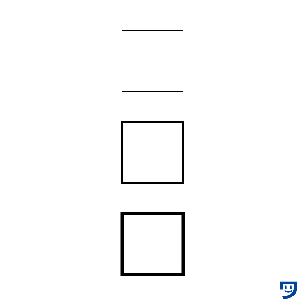 Processingの四角形の輪郭線の太さの違い3種類。