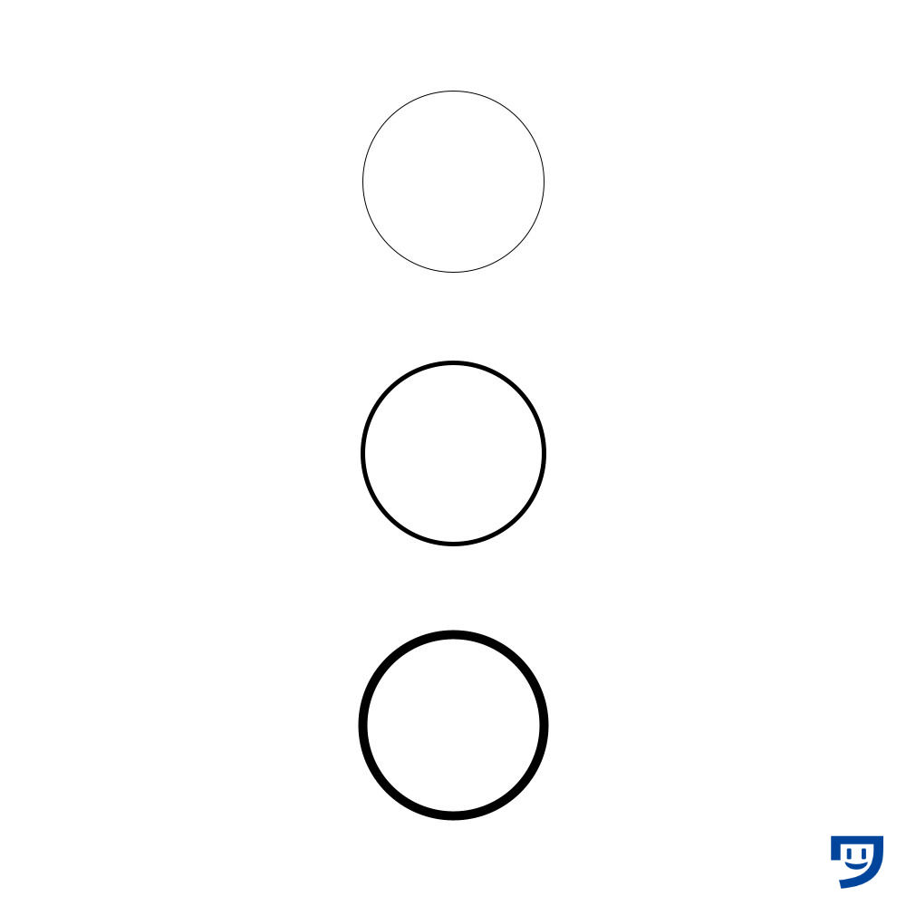 Processingの丸の輪郭線の太さの違い3種類。