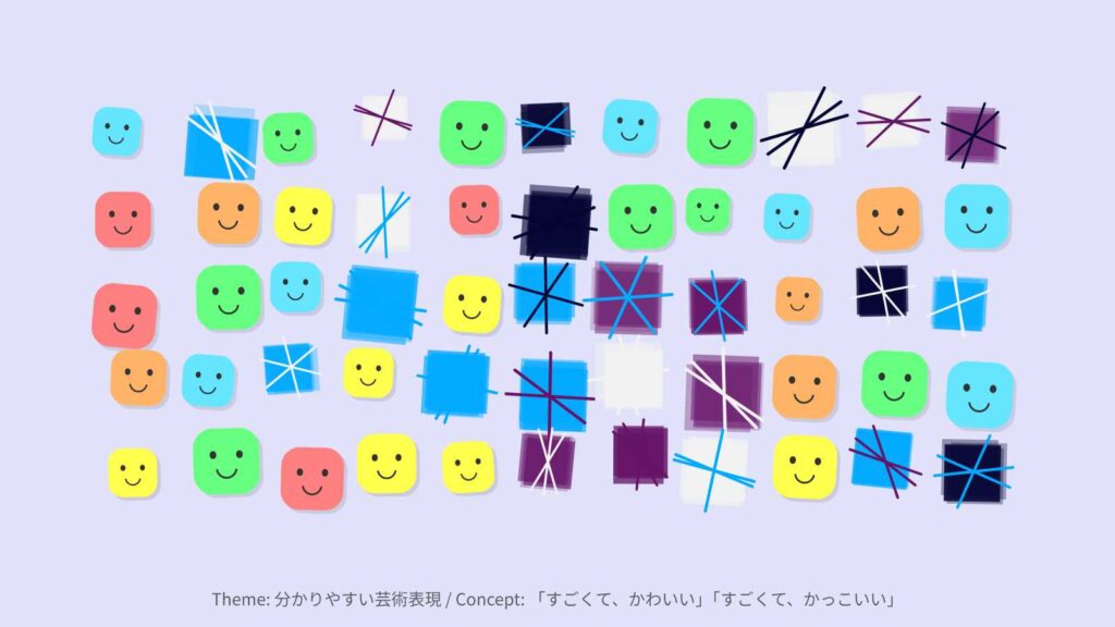 「すごくて、かわいい」を象徴する丸いキャラクターと、「すごくて、かっこいい」を象徴するグリッチ風の図形が画面上に共存している作品画像。