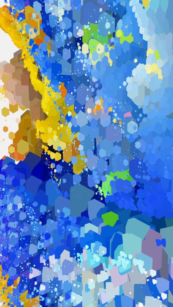 青や水色の粒子が、白い背景の上で、黄色い絵の具を散らしたように飛び散っているジェネラティブアート。