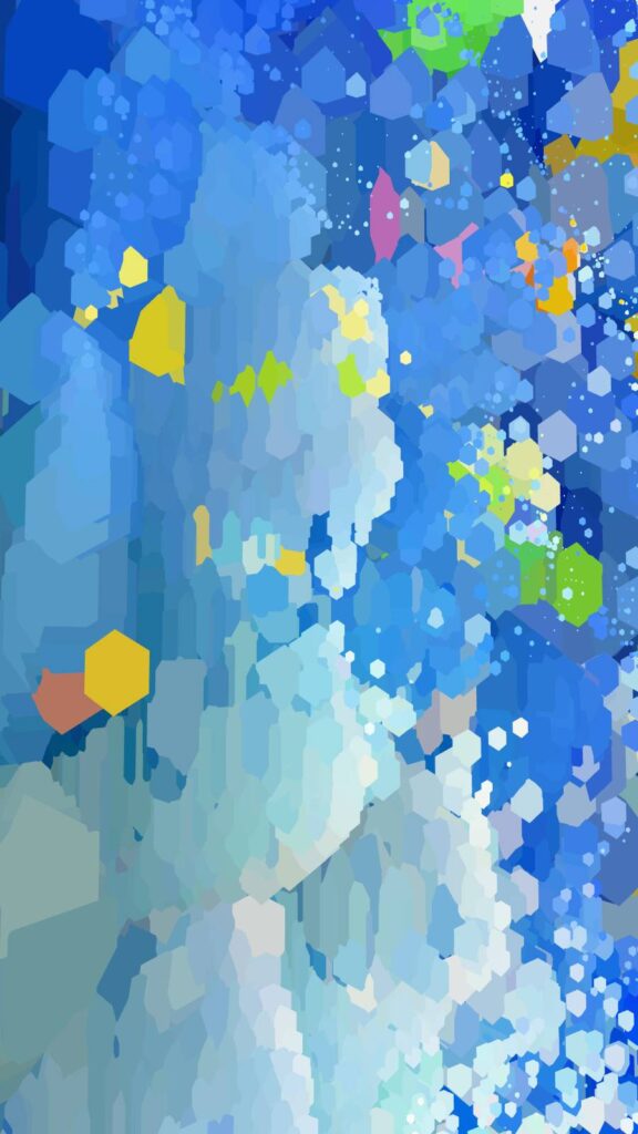 淡い青と白の粒子が、氷河か雲のように流れる、幻想的な雰囲気のジェネラティブアート。