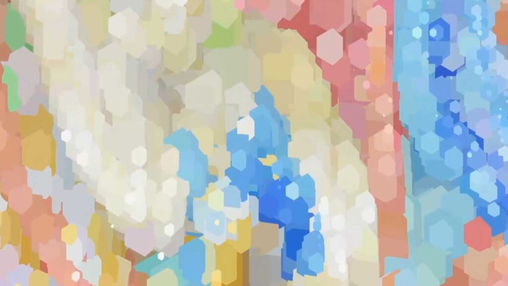 無数のカラフルな六角形（ヘキサゴン）が複雑に重なり合い、抽象的な風景やテクスチャを形成しているデジタルアート作品。淡いパステルカラーを中心に、青、黄、赤、緑などが混じり合い、奥行きと動きのある印象を与えている。