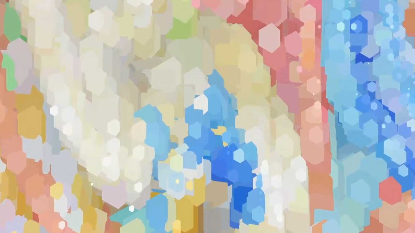 無数のカラフルな六角形（ヘキサゴン）が複雑に重なり合い、抽象的な風景やテクスチャを形成しているデジタルアート作品。淡いパステルカラーを中心に、青、黄、赤、緑などが混じり合い、奥行きと動きのある印象を与えている。