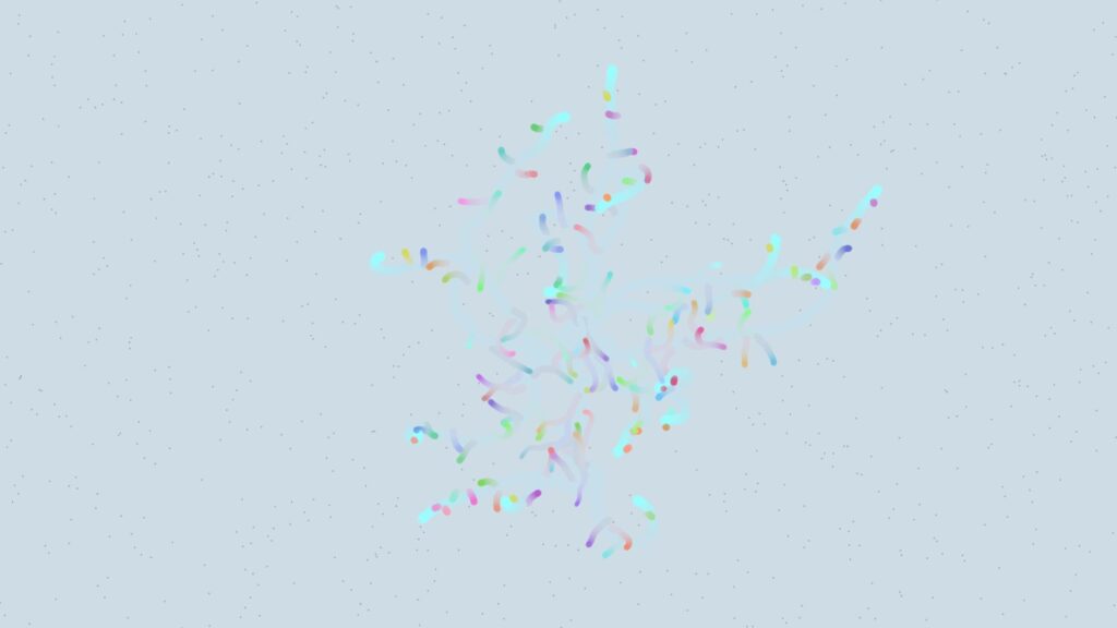 淡い青の背景に、パステルカラーの短い曲線粒子が集まるジェネレーティブアート - AI思考解放記事アイキャッチ