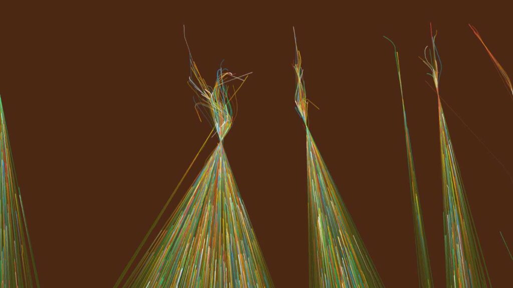 複数の線が三角形になるように下から上昇していき、やがて交差し、絡まり合う。