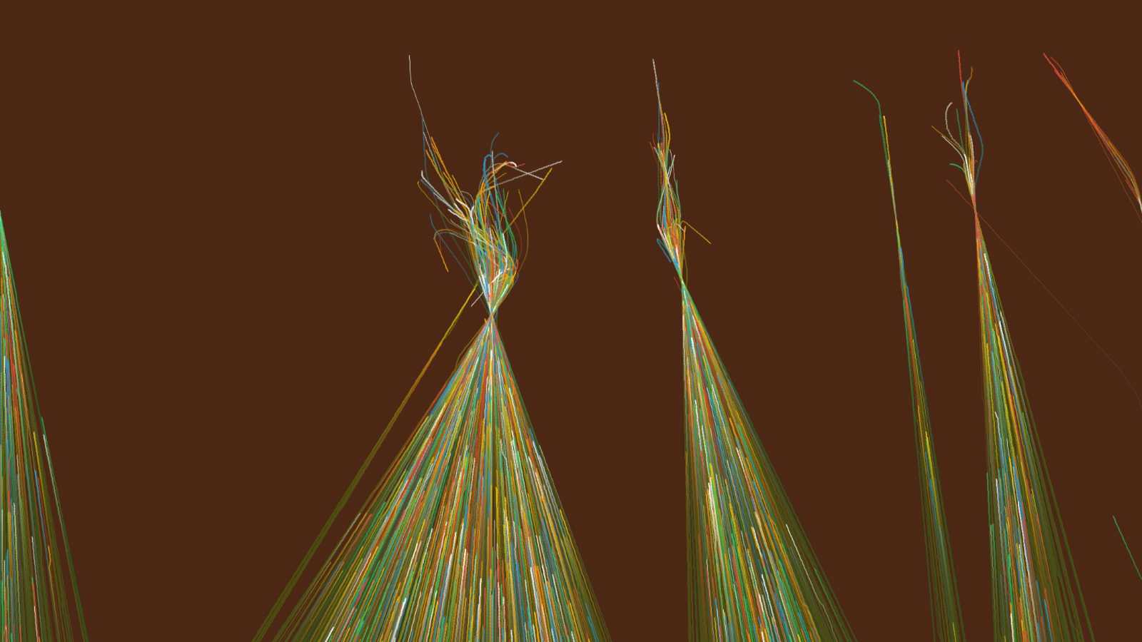 複数の線が三角形になるように下から上昇していき、やがて交差し、絡まり合う。