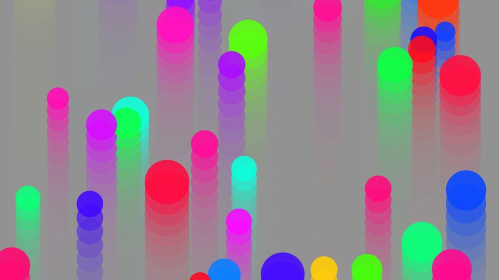 複数のカラフルなボールが上に上昇している様子が分かる