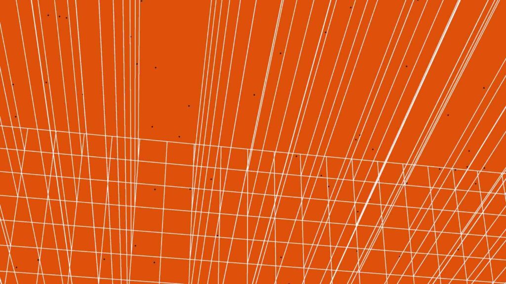オレンジ色の背景に白いグリッド線が3D空間のように描かれ、小さな黒い粒子が散らばるジェネレーティブアート - トロン：アレス感想記事アイキャッチ