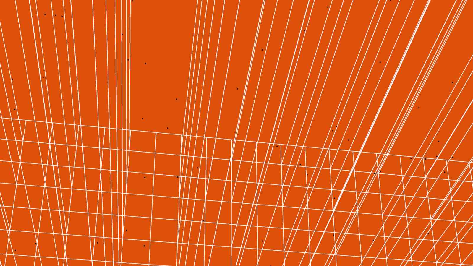 オレンジ色の背景に白いグリッド線が3D空間のように描かれ、小さな黒い粒子が散らばるジェネレーティブアート - トロン：アレス感想記事アイキャッチ