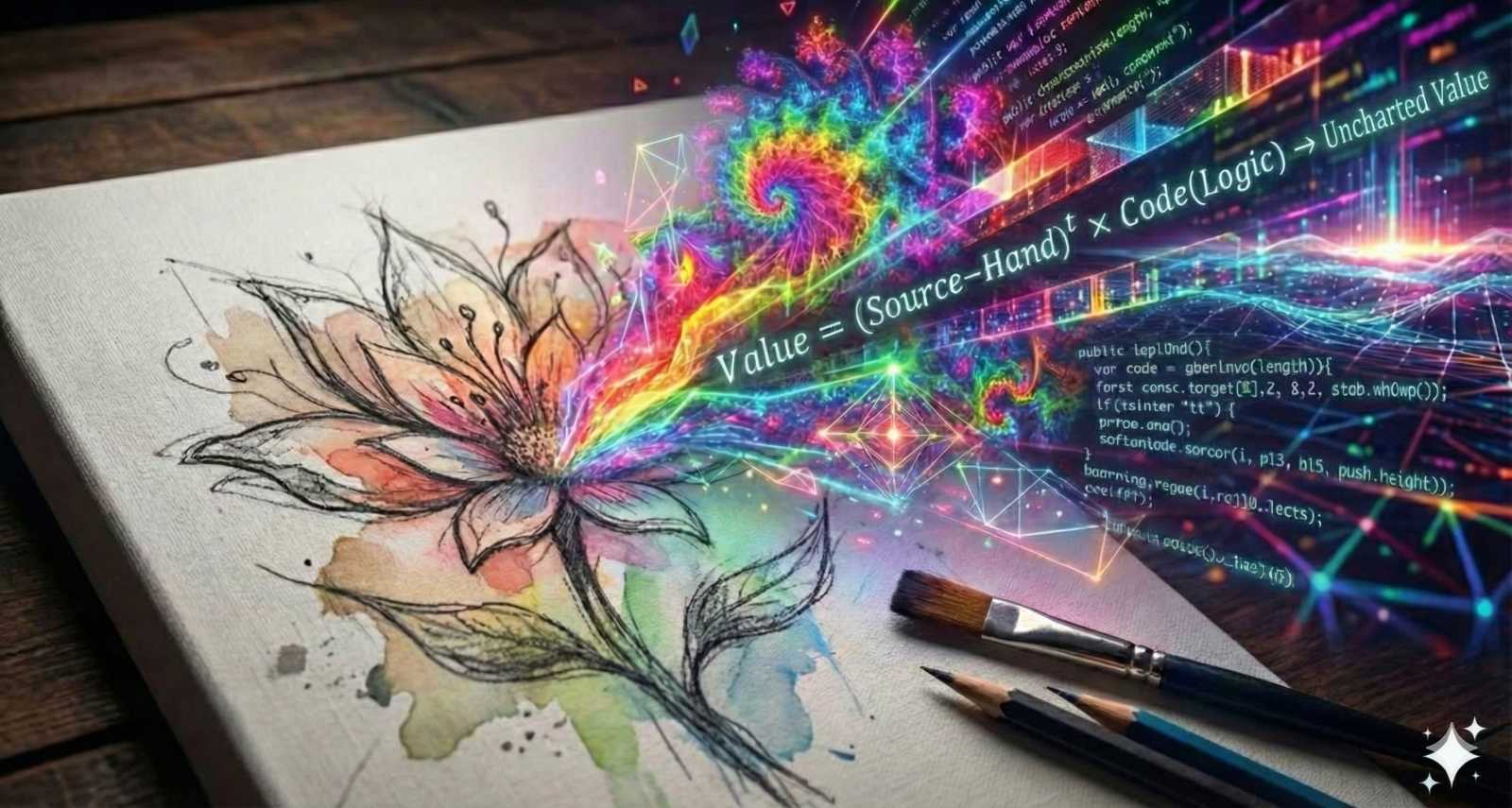 手描きの花からプログラミングコードと幾何学模様が広がっていくCCI（クリエイティブコーディング・イラストレーション）の概念図。中央に「Value = (Source-Hand)^t x Code(Logic) → Uncharted Value」のテキスト入り。