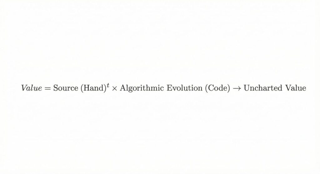 クリエイティブコーディング・イラストレーション（CCI）の価値数式（確定版）。27年の重みとこれからの上達を示す指数tが手描きの種（Source Hand）に直接作用し、論理（Algorithmic Evolution Code）によって未踏の価値（Uncharted Value）へと進化する構造を定義した図。