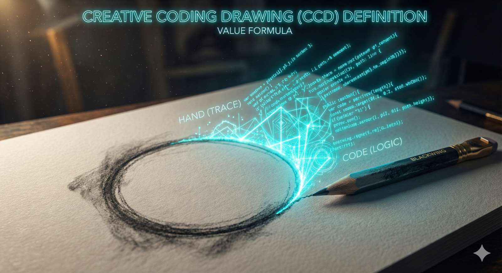 ブラックウイングの鉛筆で描かれた不完全な円から、プログラミングコードの光が立ち上がるクリエイティブコーディング・ドローイング(CCD)の概念図。手描きの跡(Trace)と論理(Logic)の融合を表現。