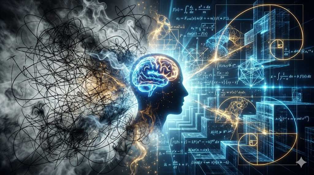 「中央に青く発光する脳を持つ人物のシルエットがあり、左側の暗く混沌とした落書きや煙が、右側へ向かうにつれて整然とした黄金比の螺旋、数式、幾何学的な構造へと変換されていく様子を描いたコンセプトアート」