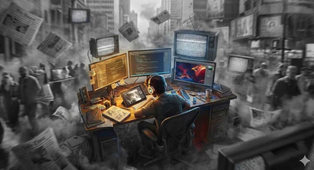 フロー状態に入り、社会のニュースや雑音を遮断して創作に没頭しているクリエイターのコンセプトアート。クリエイティブコーディングと手描きの絵を行うデスク周りだけが鮮やかな色で輝き、周囲の飛び交う新聞やテレビ画面はモノクロで薄れている様子。