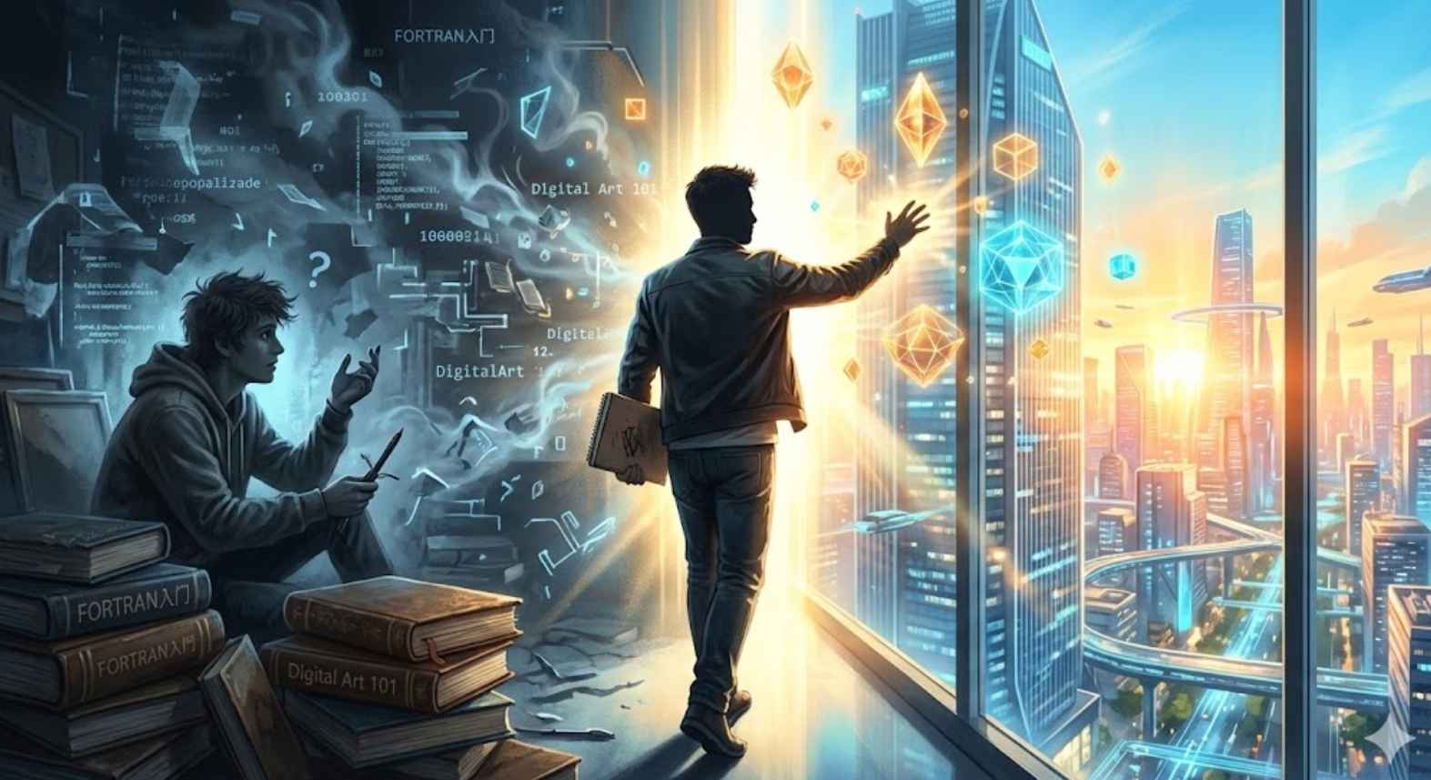 暗く混沌とした部屋にある過去の資料やコードから、輝く近未来の東京の街並みへと歩き出すデジタルアーティストのシルエット。左側の青い冷たいトーンから右側の暖かな金色の光へと、恐怖から自信への劇的な進化と変化を表現したシネマティックなアート。