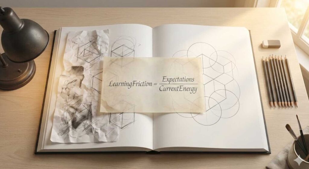 スケッチブックに描かれた幾何学ドローイングと、くしゃくしゃの紙、鉛筆。中央には「LearningFriction = Expectations / CurrentEnergy」の公式が書かれた紙が置かれている。絵の挫折理由を論理的に解き明かす「上達の数式」。