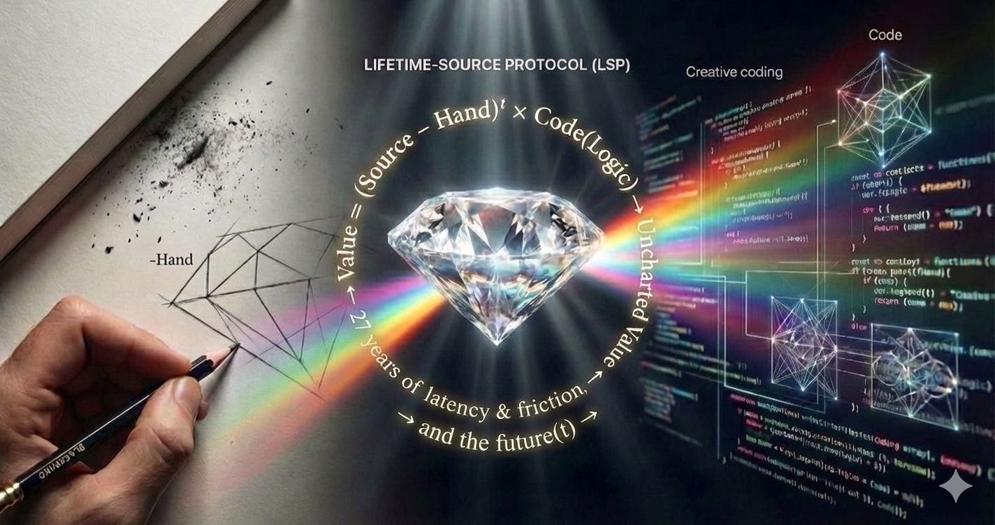上達の研究家ワタタクによるLIFETIME-SOURCE PROTOCOL (LSP)の概念図。中央の輝くダイヤモンドには価値数式「Value = (Source - Hand)^t × Code(Logic) → Uncharted Value」が円状に刻まれ、左側のアナログな手描き（-Hand）と右側のデジタルなコード（Code）を虹色の光が繋いでいる。「27 years of latency & friction, and the future (t)」という文字が、過去の摩擦と未来の時間が価値を爆発させるプロセスを表現している。