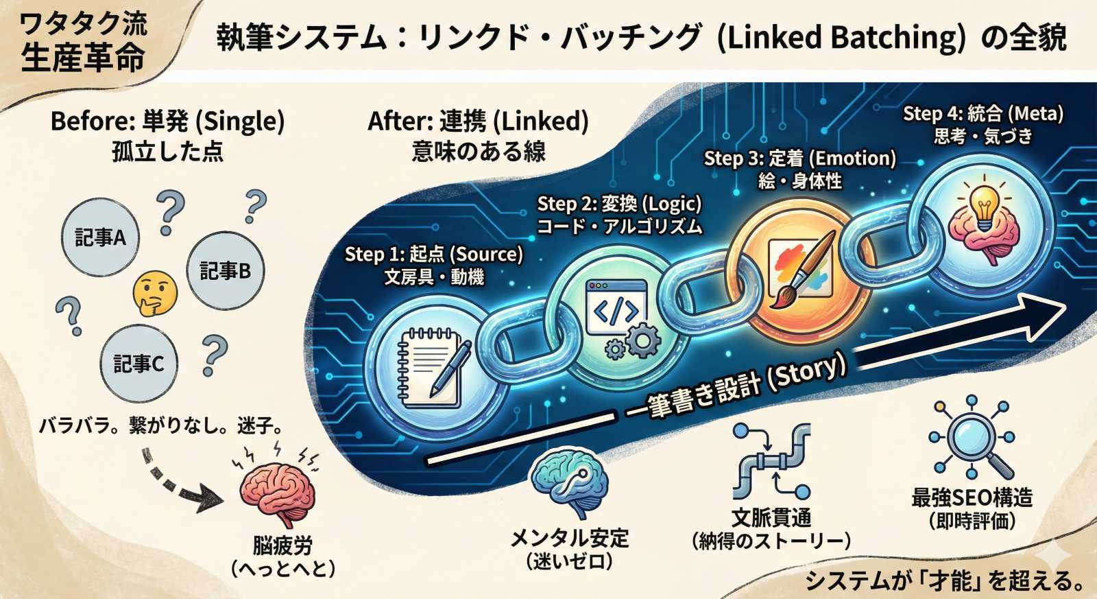 執筆システム「リンクド・バッチング（Linked Batching）」の全貌図解。記事を単発（Single）で書くことによる脳疲労を防ぎ、4つの工程（文房具、コード、絵、思考）を連携（Linked）させて一筆書きで設計するプロセス。これによりメンタル安定、文脈の貫通、SEOに強いトピッククラスター構造を実現する仕組み。