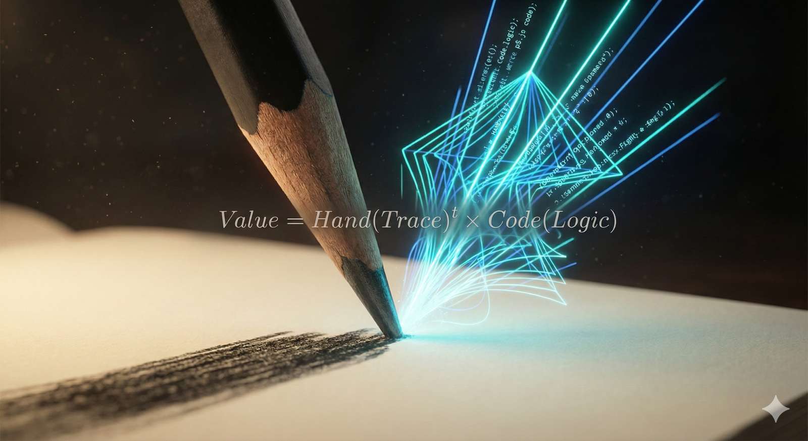 鉛筆の先がモレスキンのアイボリー紙に触れた瞬間、ネオンブルーのp5.jsコードと幾何学模様がデジタル超新星のように爆発するマクロショット。中央には「Value = Hand(Trace)^t × Code(Logic)」という上達の価値方程式が浮遊している、アナログとデジタルの融合を象徴するビジュアル。