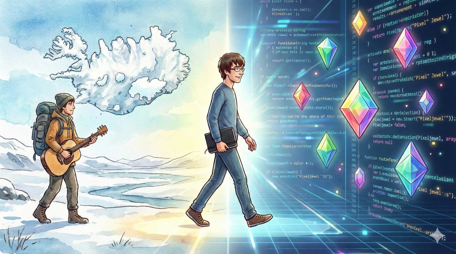 アナログからデジタルへの進化と融合を表現するイラスト。左側の雪山背景とギターを持ったバックパッカーの風景から、中央の男性（上達の研究家であるワタタク）が歩き、右側のプログラミングコードと光る幾何学的な宝石（Pixel Jewel）が浮かぶデジタル空間へとシームレスに変化している。ワタタクは黒いノートを抱えている。
