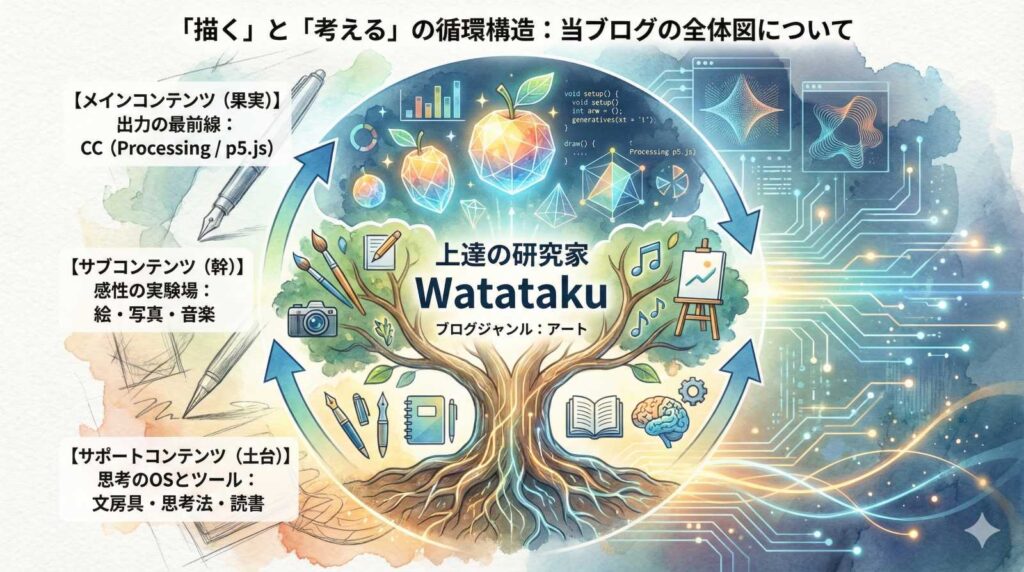 「描く」と「考える」の循環構造を示すWatatakuブログの全体図。土台(文房具・思考法・読書)から幹(絵・写真・音楽)を経て、果実であるメインコンテンツ(Processing/p5.js/クリエイティブコーディング)へと至る「上達のシステム」を解説したインフォグラフィック。