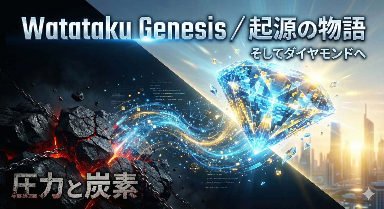 Watataku Genesis(起源の物語)のアイキャッチ画像。左側の鎖に繋がれた暗い岩石(過去の圧力と炭素)が、デジタルな光のプロセスを経て、右側の輝くダイヤモンド(現在の論理とスキル)へと変貌する様子を描いたコンセプトアート。