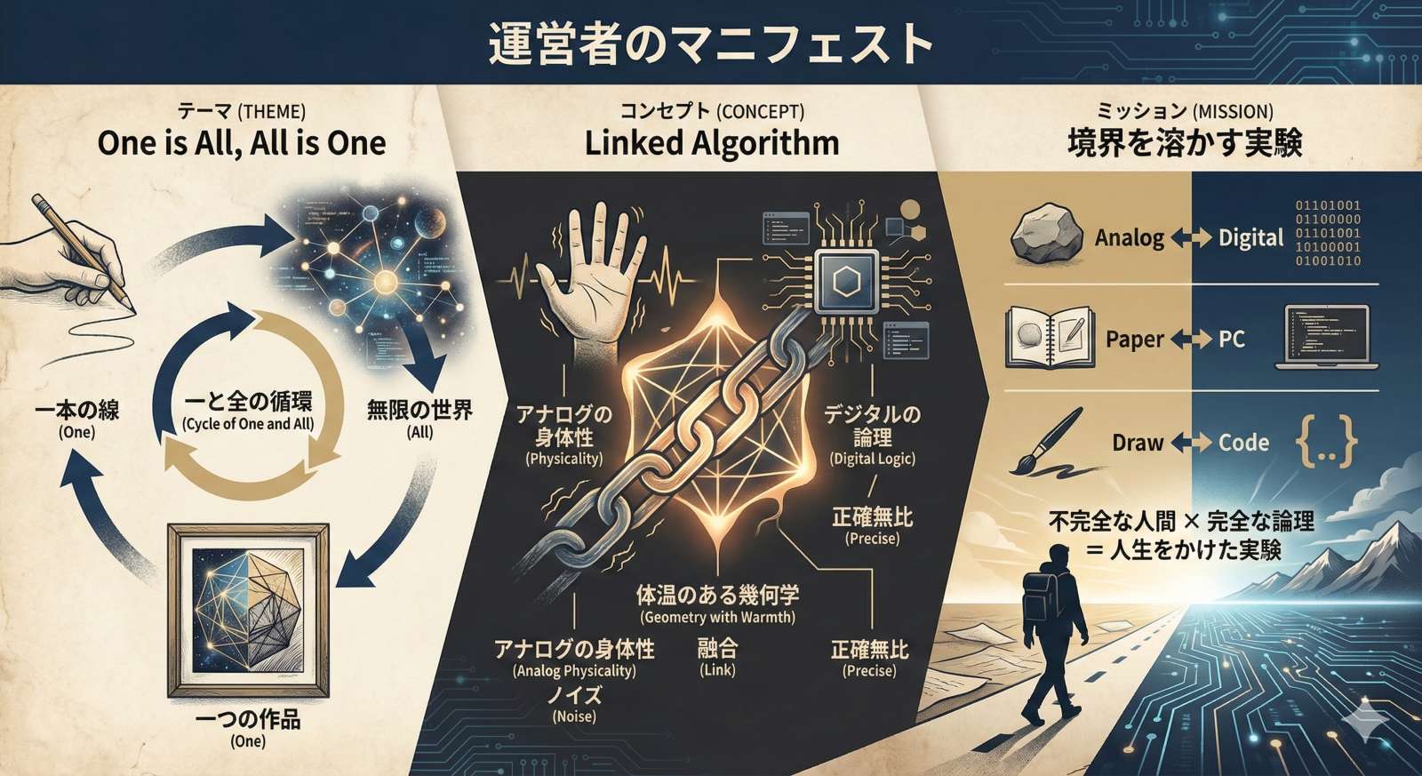 図解】運営者のマニフェスト：テーマ「One is All, All is One（一と全の循環）」、コンセプト「Linked Algorithm（アナログとデジタルの融合・体温のある幾何学）」、ミッション「境界を溶かす人生をかけた実験（Analog↔Digital, Paper↔PC, Draw↔Code）」の全体像を可視化した概念図。