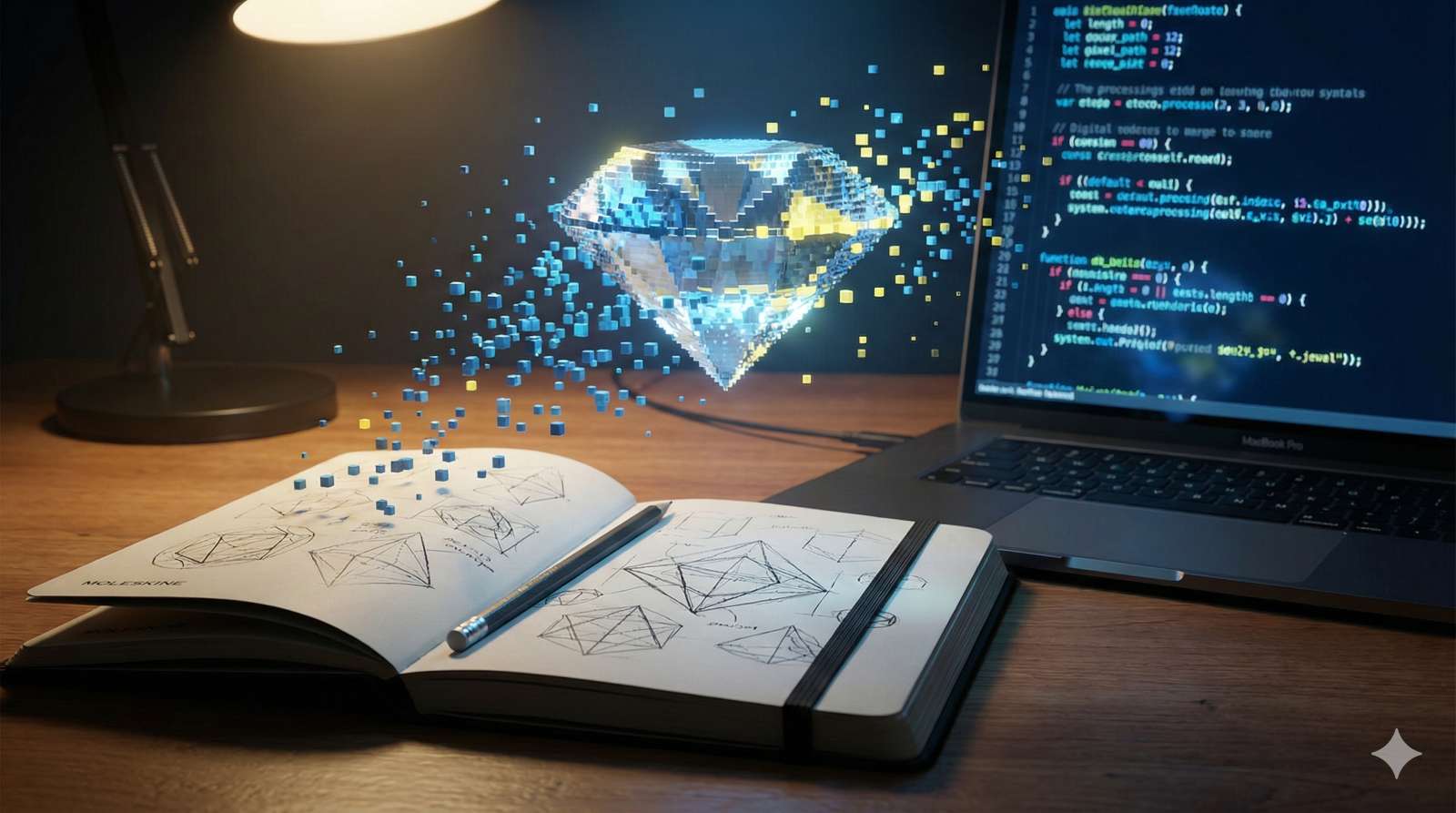 上達の研究家ワタタクのプロフィール記事のアイキャッチ画像。デスク。ノート、アナログスケッチとPCのコードが融合し、空中にデジタル宝石が浮かび上がっている幻想的な風景。