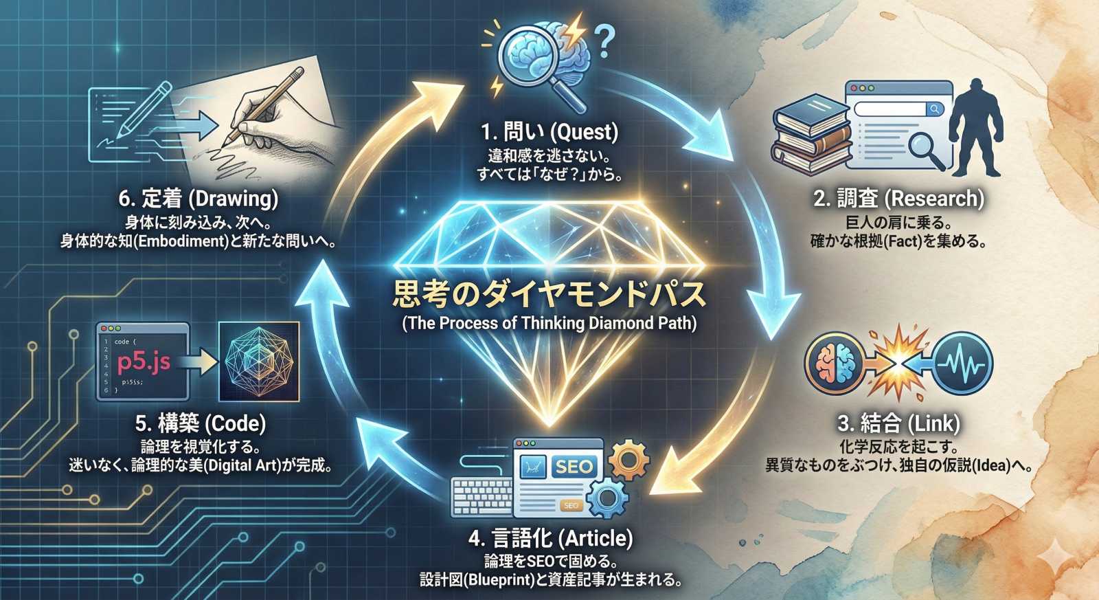 図解】思考のダイヤモンドパス:SEOと言語化から始まるワタタク流アート生成フロー。問い・調査・結合・言語化・構築・定着の6つの循環プロセス。