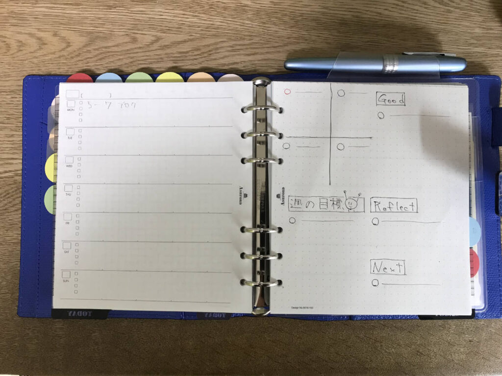 システム手帳はASHFORDのサント・シャペル ニゼル HBWA5を開いていて、左はウィークリー、右は目標や反省など。