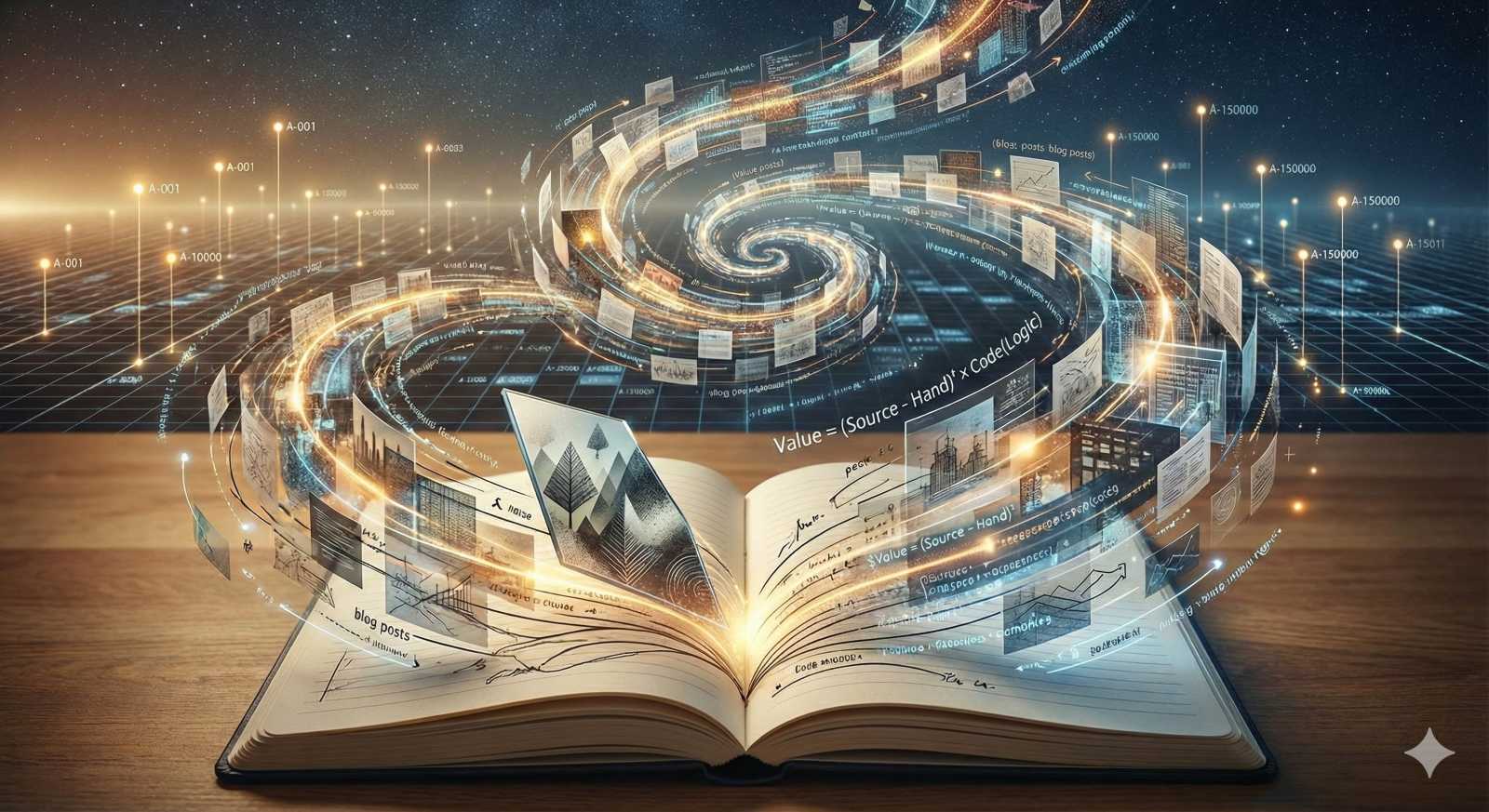 木製の机の上に置かれた開いた本から、光り輝く螺旋状のデータストリームが未来的なサイバースペースへと飛び出していくファンタジーコンセプトアート。ストリームの中にはブログ記事、コード、グラフ、建築図面が浮かび、中心には数式「Value = (Source - Hand)^t \times Code(Logic)」が刻まれている。背景には無限に広がるデジタルグリッドと、「A-001」から「A-150000」へと続く膨大なインデックス登録の跡が星のように輝いている。LSPプロトコルに基づく創造性の蓄積と爆発を表現。