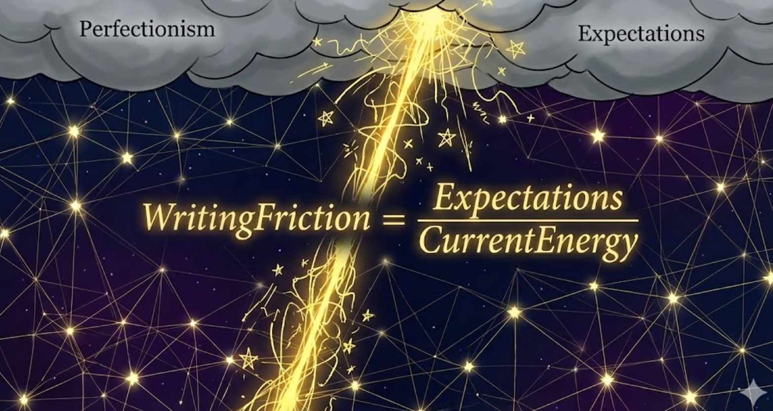 執筆摩擦（Writing Friction）の数式を示す画像。「Perfectionism」と「Expectations」の文字がある暗い雲から、黄金の光のビームが手描きの星と「WritingFriction = Expectations / CurrentEnergy」のテキストに向かって突き抜ける。
