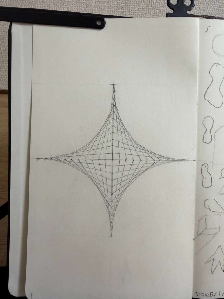 Analog log A-001：モレスキンのスケッチブックに描かれた幾何学的なラインアート。直線の組み合わせによって生まれる星型の包絡線。