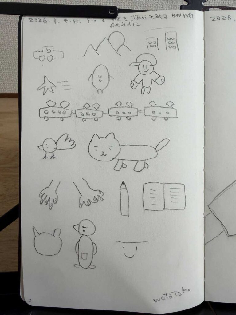 Analog log A-003：5分間の想像ドローイング。猫、鳥、ペンギン、山、電車などのシンボルを連想ゲーム形式で描いたスケッチ。