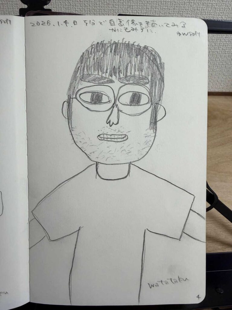 Analog log A-004：何も見ずに描いた自画像。メガネ、無精髭、髪の質感をブラックウイング Softで表現した鉛筆スケッチ。