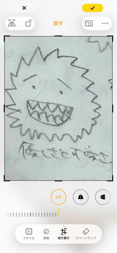 iPhone 17 Pro Maxで斜めで影なしで撮って、写真アプリの編集で傾けるものの、傾きに限界がきている様子。