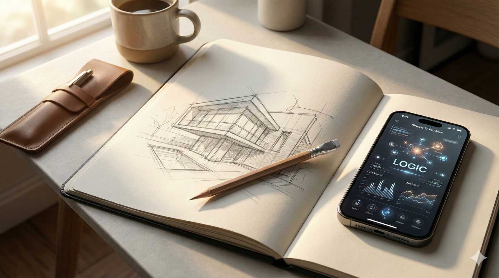 AI式絵画術（AI-Augmented Artistry）を象徴する、陽光の差し込むクリエイティブな作業環境。スケッチブックに描かれた鉛筆画と、鉛筆、そして「LOGIC」と分析データを表示するスマートフォンの配置。