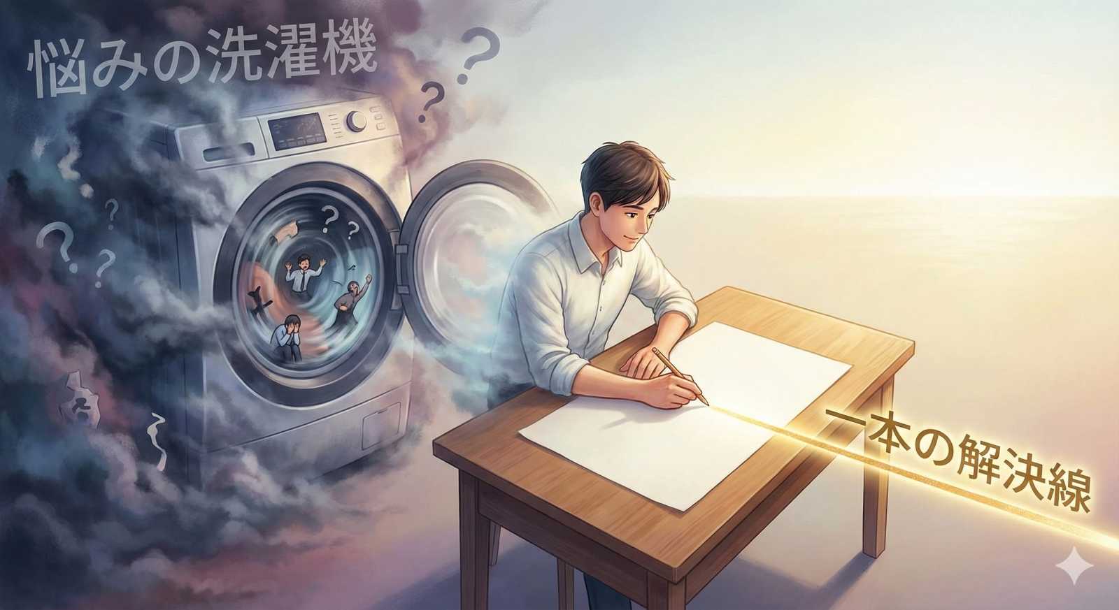 「悩みの洗濯機」から脱出し、真っ白な紙に「一本の解決線」を引き始める男性のイラスト。背景には悩みでぐるぐる回る洗濯機、手元には輝く解決線が描かれている。