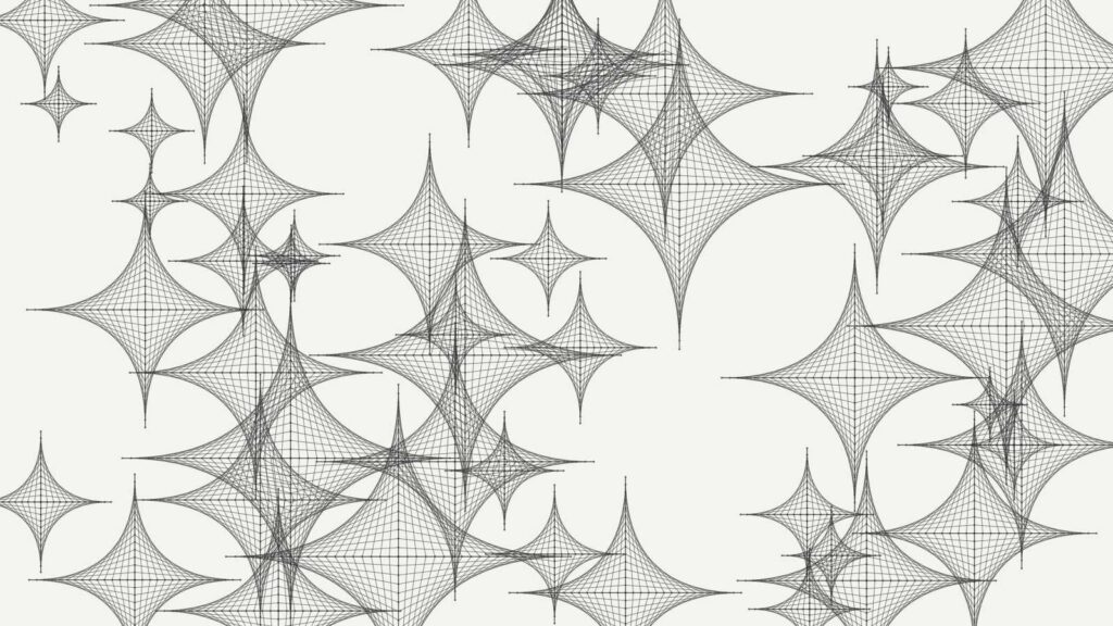 Processingとp5.jsで制作されたジェネラティブアート作品【WSN: D-001】。ベージュの画用紙風の背景に、直線の重なりでできた星のような包絡線がランダムなサイズと位置で無数に描かれている。