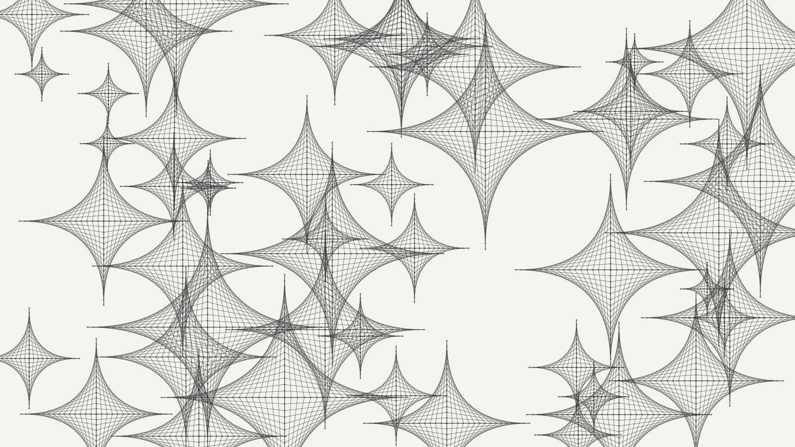 Processingとp5.jsで制作されたジェネラティブアート作品【WSN: D-001】。ベージュの画用紙風の背景に、直線の重なりでできた星のような包絡線がランダムなサイズと位置で無数に描かれている。