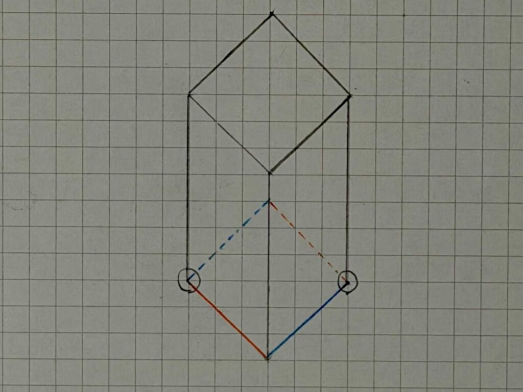 正面が角の直方体の描き方STEP5。底の左右の角に◯で注目するようにしていて、赤と青の線で描いている。