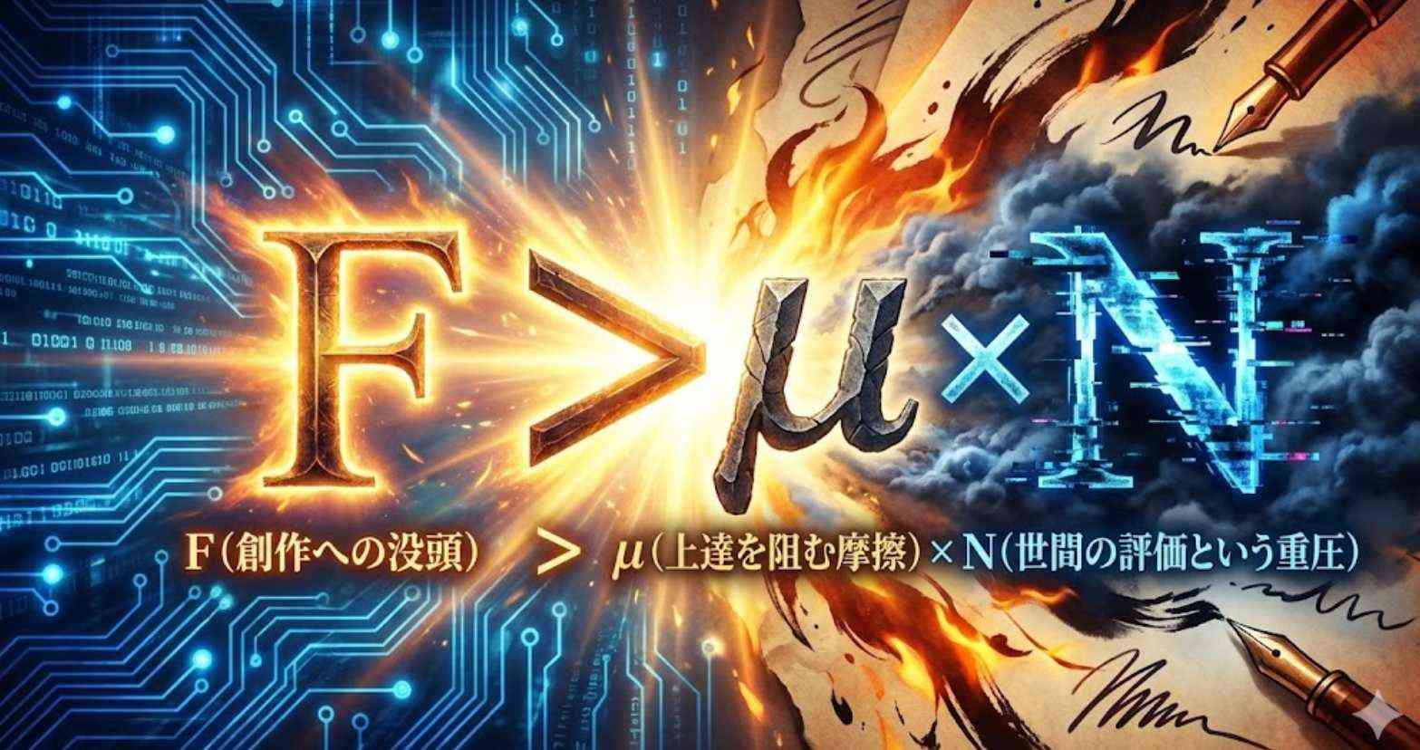「上達の物理法則」を象徴するグラフィック。燃え盛る金色の F（創作への没頭）と回路図、デジタルノイズを纏った μ（上達を阻む摩擦） × N（世間の評価という重圧）が対峙する、サイバーパンクな数式デザイン。