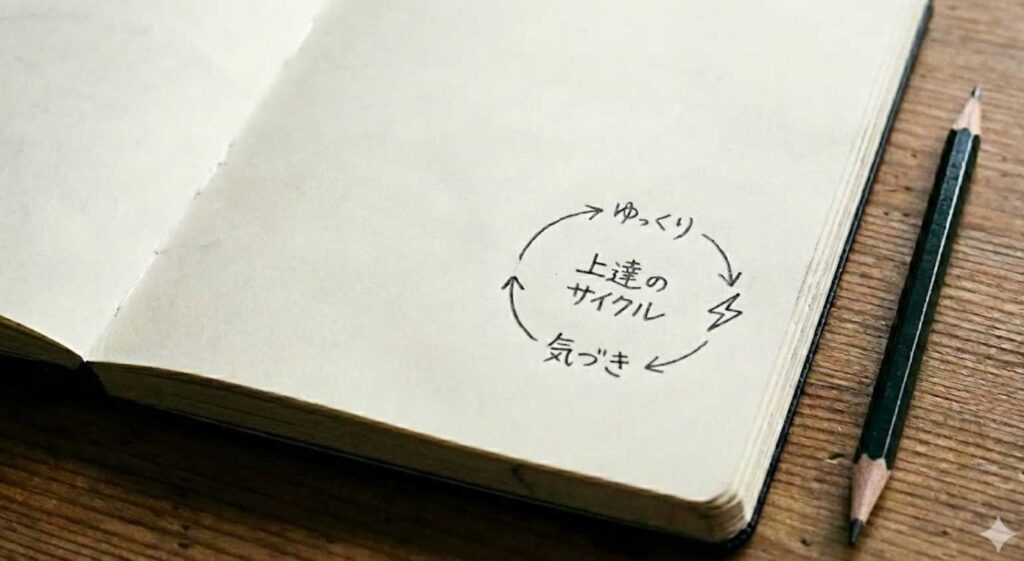 【アイキャッチ用】モレスキンのノートに描かれた「上達のサイクル」の図解と鉛筆。ゆっくりと気づきを重ねる哲学を象徴するイメージ。