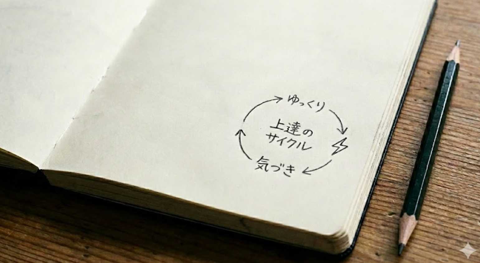 【アイキャッチ用】モレスキンのノートに描かれた「上達のサイクル」の図解と鉛筆。ゆっくりと気づきを重ねる哲学を象徴するイメージ。