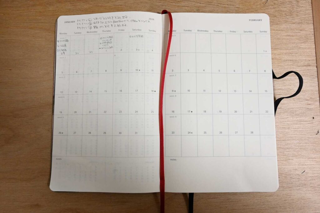 モレスキン Year of the Horse - For lucky notes 2026 ウィークリーノートブック ダイアリー／プランナーにMITsの月の目標を書いている。
