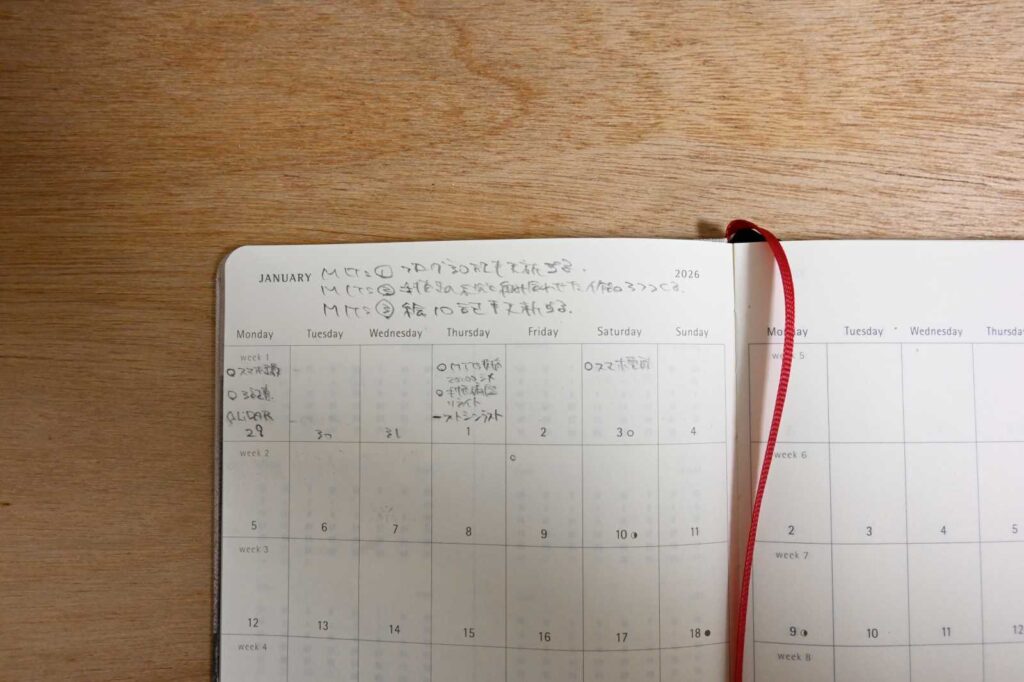 モレスキン Year of the Horse - For lucky notes 2026 ウィークリーノートブック ダイアリー／プランナーに月の目標を読みやすくするように撮った写真。