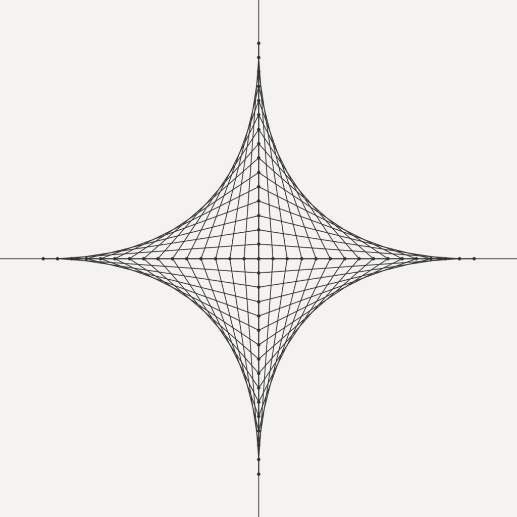 Processingとp5.jsで描画したアステロイド曲線。直線の集合が美しい星状の包絡線を描く幾何学アート【WSN : L-002】
