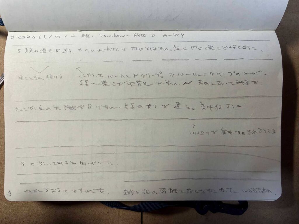2026年1月10日の鉛筆画上達記録。トンボ8900 Bを使用し、オーバーハンドグリップによる横線の安定性と集中力の限界を検証したノートのページ (WSN: A-007)