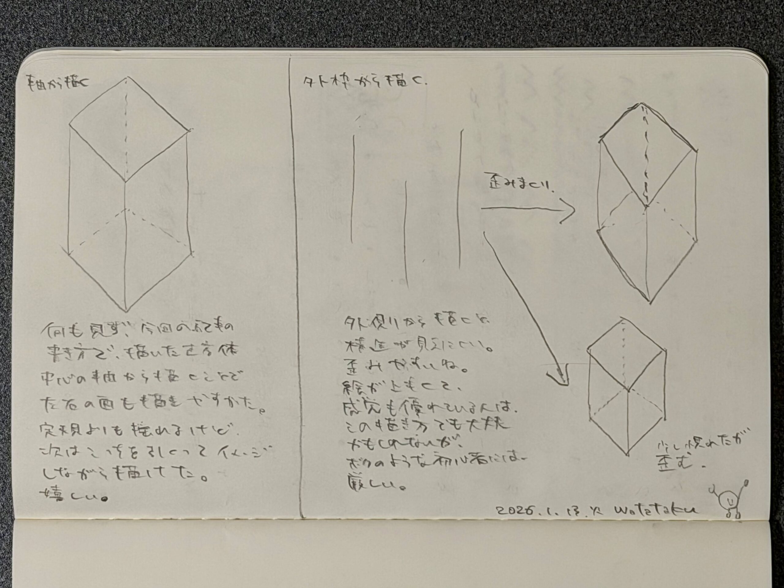 モレスキンでの比較：左は「軸から描く」ことで成功した直方体、右は「外枠から描く」ことで歪んだ例。